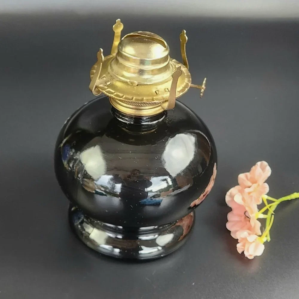 Vintage Oil Lamp - Black Base - Floral Design - 14 1/4